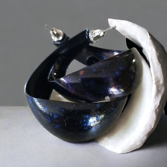 Vintage 1960s Pop Art Black Splatter Enamel Hoop Style Earrings - Picture 3 of 16